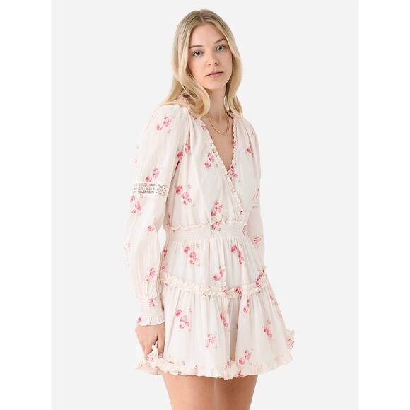 LoveShackFancy Dresses & Skirts - Love Shack Fancy 100% Cotton White Pink Floral Ruffle Mini Dress Size Small